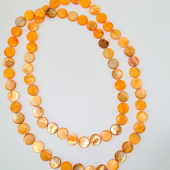 NEW! Orange Natural Shell Coin Shaped Beaded Long Strand Necklace - Picture 4 of 7